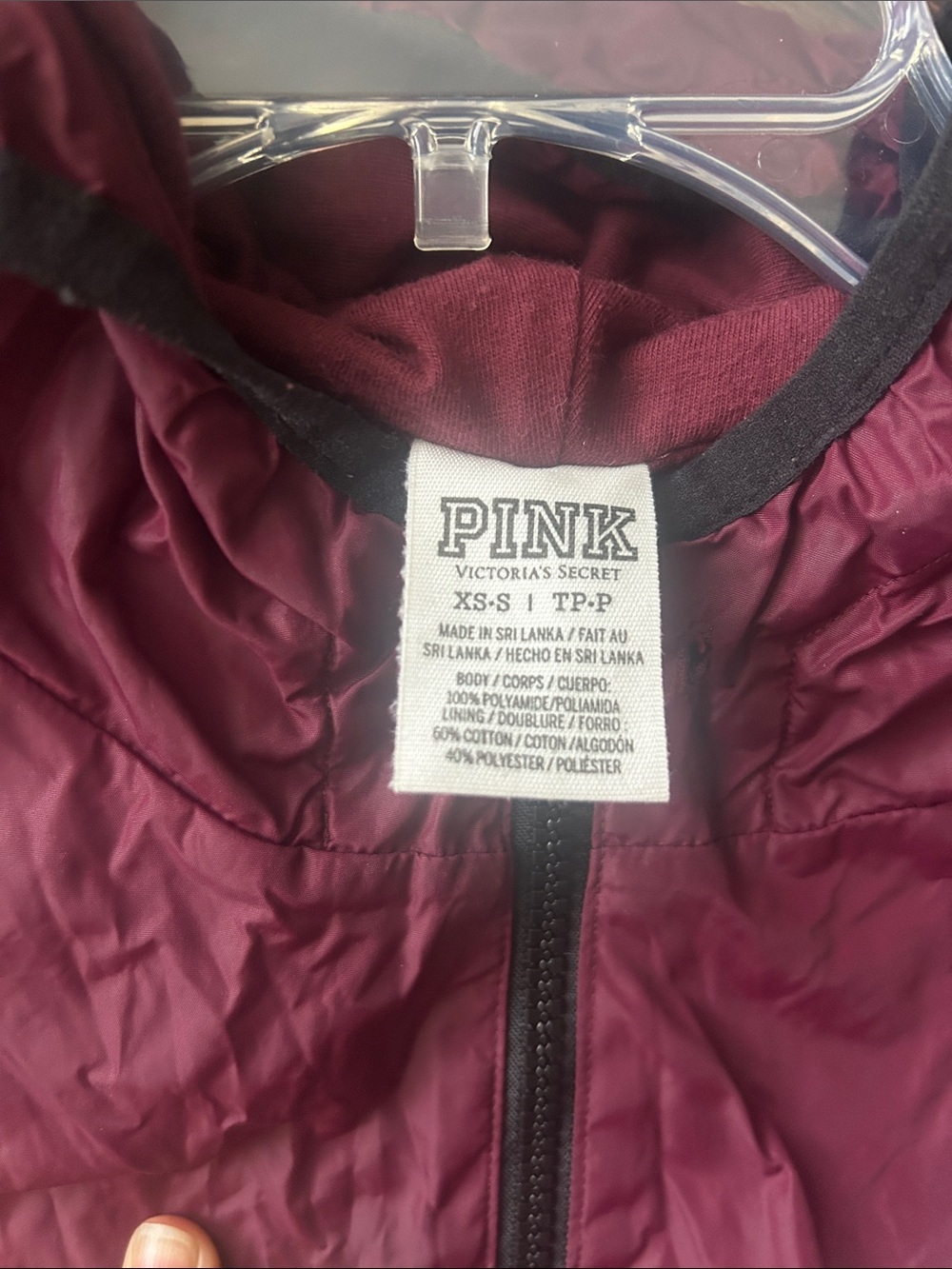 PINK Victoria's Secret Maroon & White Hooded Windbreaker jacket size XS - Picture 8 of 8
